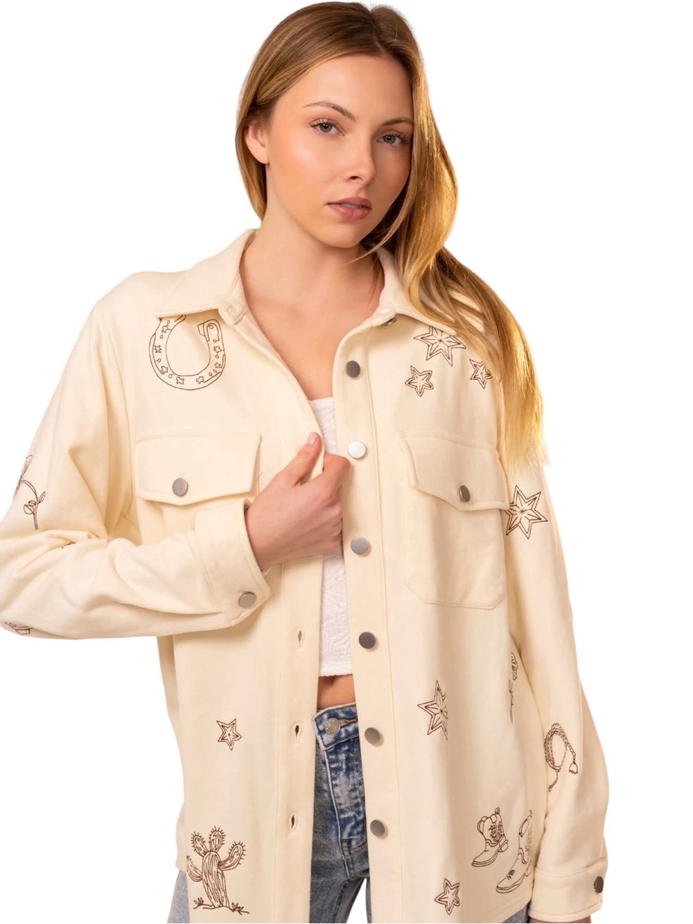 NEW blue b Cream Western Cowboy Boot Star Horseshoe Cacti Oversize Shirt Jacket